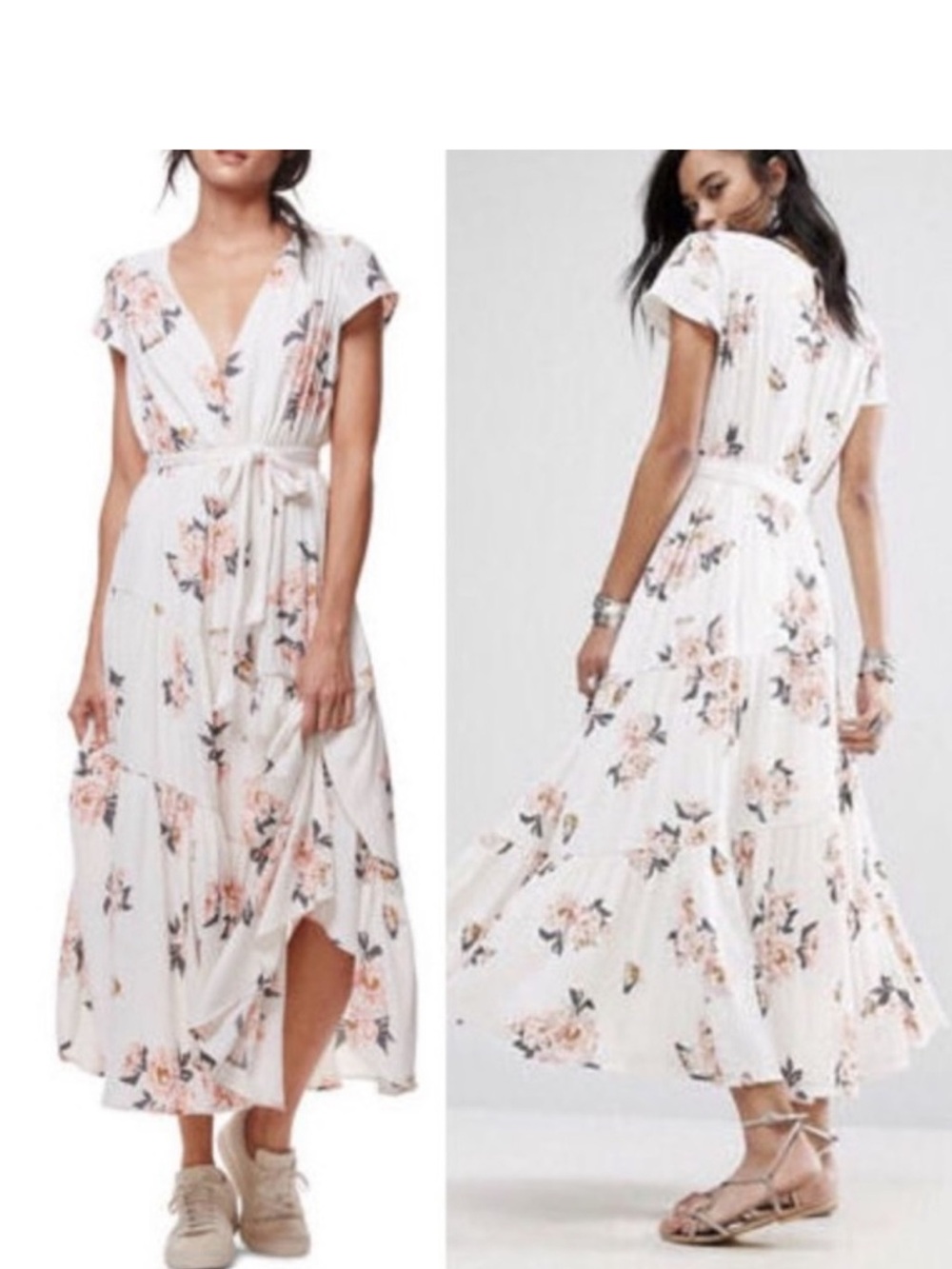 Free People White Maxi Dress with Peach Floral Print